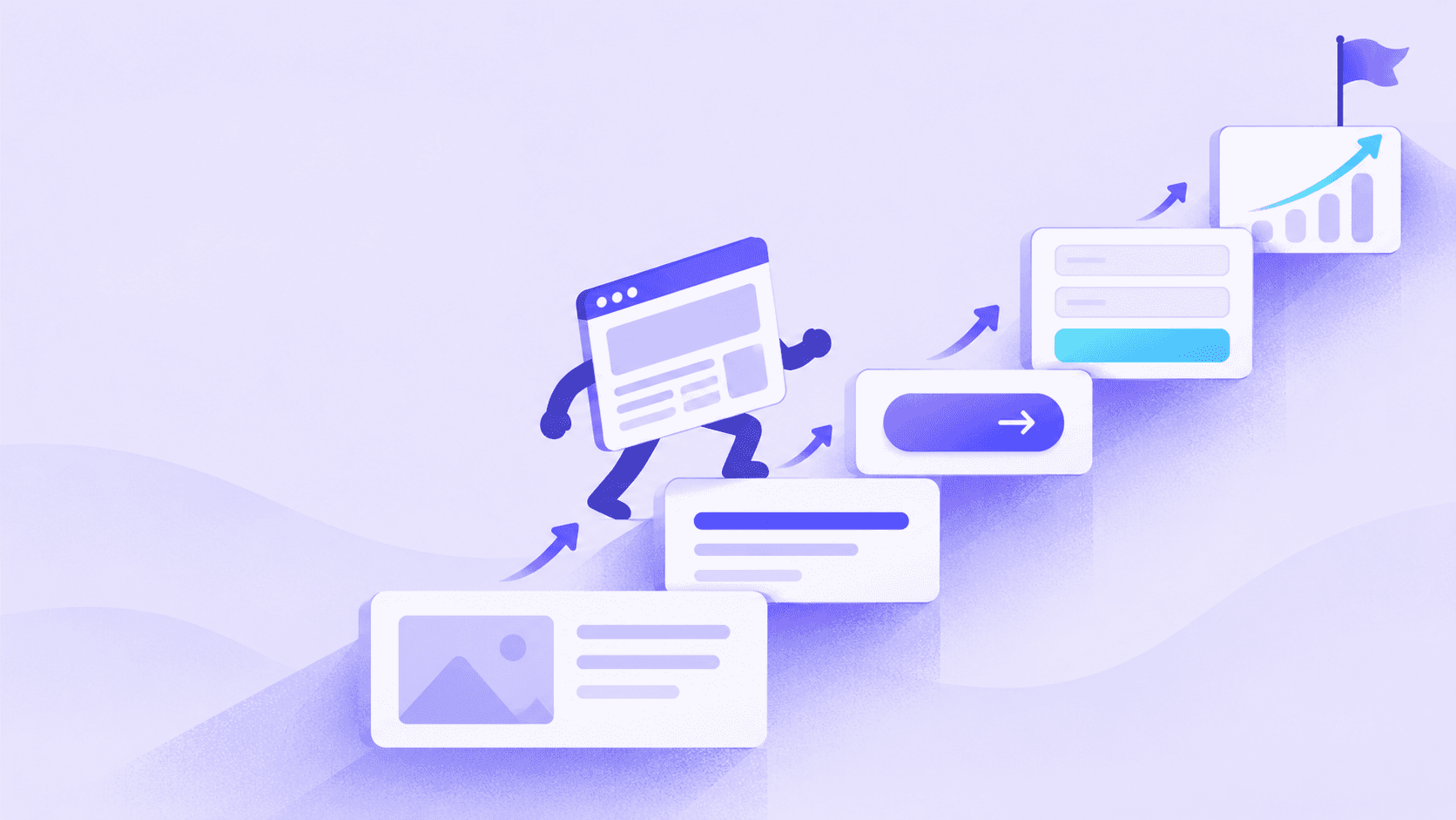 A cartoon website window climbs a staircase of page sections, from an image block to a button and a form, towards a rising chart and flag.