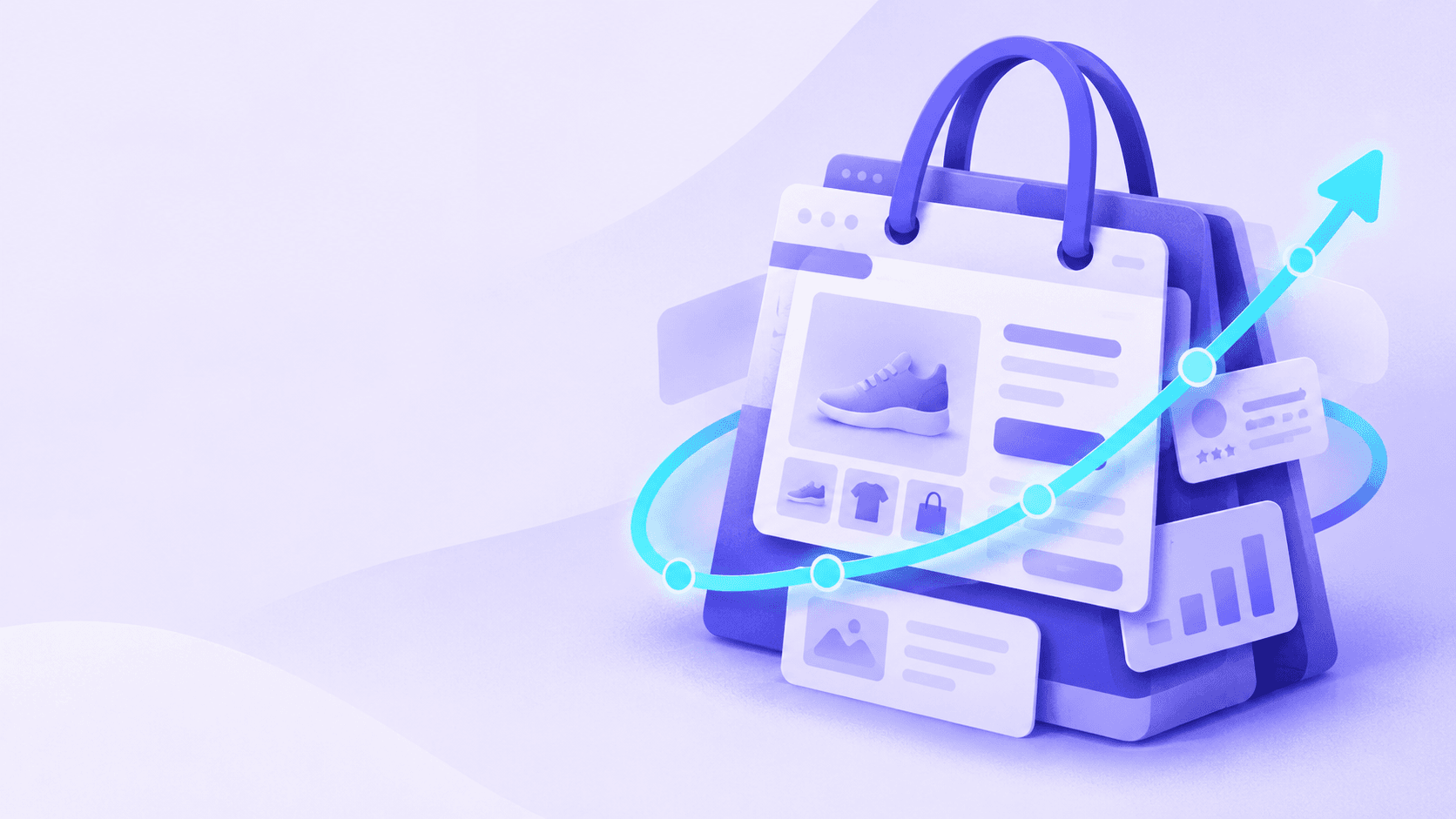 A shopping bag built from stacked online store screens, including a product page with a trainer, a review card and a bar chart, with a rising cyan line wrapping around it.