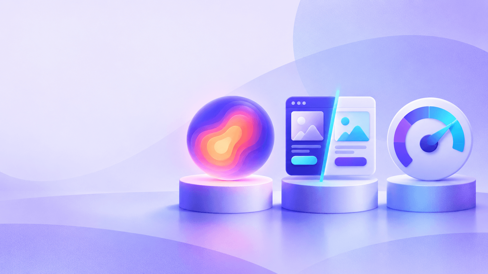 Three glossy icons on white pedestals against a lavender background: a glowing heatmap orb, a split screen comparing two page versions, and a gauge dial.