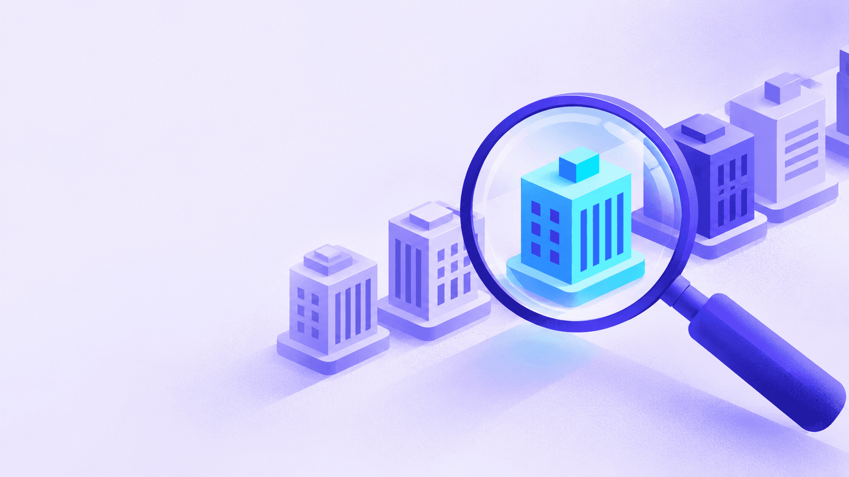 A magnifying glass over a row of small isometric office buildings on a lavender background, with the building under the lens highlighted in bright blue.